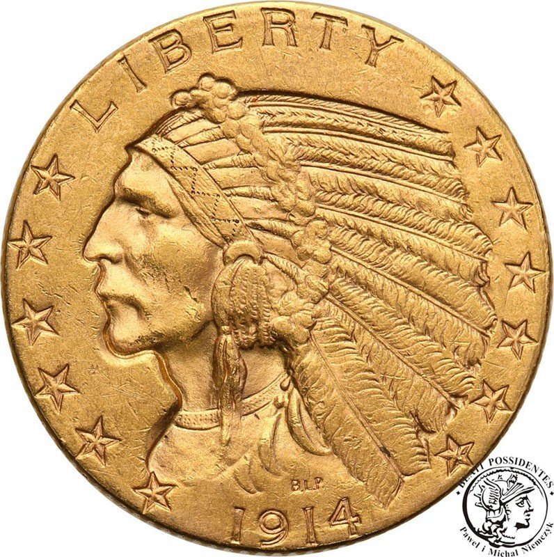 USA 5 dolarów 1914 D Indianin Denver st.2+